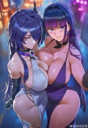 1girls 2girls absurd_res absurdres acheron_(honkai:_star_rail) ai_generated ass big_ass big_breasts blue_eyes blue_hair breasts choker covered_nipples curvy dress expressionless female gloves hi_res highres hips honkai:_star_rail honkai_(series) honkai_impact_3rd huge_ass huge_breasts jewelry mature_female meiogun multicolored_hair night no_bra no_panties outdoors purple_eyes raiden_mei raiden_mei_(apho) sexy sexy_pose shiny_skin skindentation smile standing street teeth thick_thighs wide_hips
