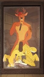 absurd_res anthro balls big_penis cheetah cybernetic_arm cybernetic_limb deer duo felid feline female furry genitals hair hi_res hybrid_genitalia hybrid_penis long_hair magayser male male/female mammal mirror_selfie muscular open_mouth open_smile penis selfie smile