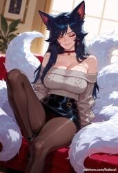 ahri ahri_(league_of_legends) ai_generated animal_ears balecxi bare_shoulders black_hair black_skirt choker cleavage collarbone couch earrings facial_mark female fox_ears fox_girl fox_tail indoors jewelry large_breasts league_of_legends long_hair long_sleeves looking_at_viewer multiple_tails off-shoulder_sweater off_shoulder one_eye_closed pantyhose patreon_username pencil_skirt riot_games sitting slit_pupils smile solo whisker_markings yellow_eyes