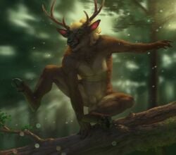 animal_genitalia antlers cervine deer elk forest fuzzle_(artist) genitals hi_res hooves horn jumping male mammal nude outside plant sheath solo tree