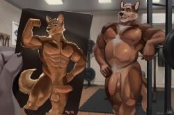 2025 abs age_progression anthro artist_collaboration balls big_penis black_nose blue_eyes body_hair brown_body brown_fur canid canine comparison detailed_background digital_media_(artwork) domestic_dog duo erection flexing flexing_bicep floor front_view fur genitals grey_pubes greying_hair gym happy_trail hi_res holding_photo humanoid_genitalia humanoid_penis inner_ear_fluff inside jaykat kase looking_at_viewer male mammal mat mostly_offscreen_character musclegut muscular muscular_anthro muscular_male nipples nude nude_anthro nude_male open_mouth open_smile pecs penis photo pointy_ears portrait pose prick_ears pubes signature smile solo_focus standing tail tan_body tan_fur teeth_showing thick_thighs three-quarter_portrait tuft weight_bench weights wood wood_floor
