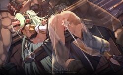 2boys ahe_gao alternate_costume anus ass bent_over black_thighhighs blush breasts censored cosplay cum cum_in_mouth cum_in_pussy dancer double_penetration fellatio female fingerless_gloves fire_emblem fire_emblem_awakening fire_emblem_heroes gag gagged gloves green_eyes green_hair high_heels highres kanchigai long_hair mosaic_censoring multiple_boys nipples nowi_(fire_emblem) olivia_(fire_emblem) olivia_(fire_emblem)_(cosplay) oral ponytail rape restrained ring_gag small_breasts spitroast standing thighhighs vaginal_penetration very_long_hair