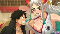 1girls areola areolae big_breasts black_hair black_hair_male blue_hair blue_hair_female blush earrings female gradient_hair huge_breasts kimono male monkey_d_luffy multicolored_hair nipples noxdsa one_piece oni straw_hat two_tone_hair wano_country wardrobe_malfunction white_hair white_hair_female yamato_(one_piece)