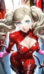 ann_takamaki blonde_hair blue_eyes bodysuit breasts cowboy_shot falling_petals female hair_ornament hairclip highres holding holding_whip large_breasts looking_at_viewer panther_(persona_5) persona persona_5 petals rcos red_background red_bodysuit solo twintails