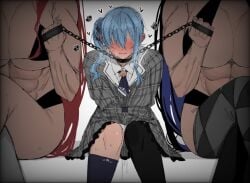 3girls big_breasts black_hair blue_hair blush blushing_profusely carrot_011 chain_leash elizabeth_rose_bloodflame female fit_female hands_between_legs hololive hololive_english hololive_english_-advent- hololive_english_-justice- hololive_gen_0 hololive_japan hoshimachi_suisei imminent_sex leash leash_pull muscular muscular_female nerissa_ravencroft red_face red_hair shy six_pack toned_female vtuber wet_pussy yuri