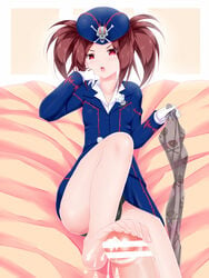 barefoot black_panties blush cum duel_monster ejaculation feet female footjob hat long_hair looking_at_viewer open_mouth pantyhose_removed pantyshot red_eyes red_hair toes tour_guide_from_the_underworld twintails yu-gi-oh!