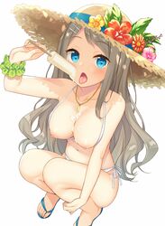 bangs bekotarou blue_eyes blush breasts breasts_out collarbone comic_anthurium commentary_request eyebrows_visible_through_hair female flower food full_body grey_hair hair_ornament hair_scrunchie hairclip hat hat_flower hibiscus jewelry large_breasts long_hair looking_at_viewer navel necklace nipples open_mouth open_toe_shoes popsicle scrunchie sidelocks simple_background slippers solo squatting straw_hat swept_bangs swimsuit thighs tongue tongue_out wavy_hair white_background