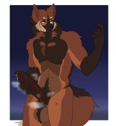alpha_channel anthro balls big_penis biped bodily_fluids canid canine erection fingers foreskin fur genital_fluids genitals hi_res humanoid_genitalia humanoid_penis kandor male mammal maned_wolf munkeesgomu nude nude_anthro nude_male penis precum solo tail
