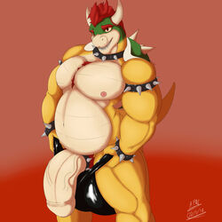 1boy angrypotato96 balls big_balls big_penis bowser cock_ring huge_balls huge_cock koopa male male_only mario_(series) muscular muscular_male nintendo nipples penis red_background scalie simple_background solo standing teeth vein veiny_penis video_games