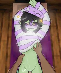 1boy 1girls alien alien_girl alien_humanoid antennae_(anatomy) bigmanjoe blush breasts claire_zorpington cum_on_body cum_on_face elf_ears female french male medium_breasts one_eye_closed tongue tongue_out
