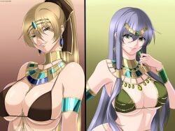 2girls athena_(saint_seiya) big_breasts bikini blonde_hair blue_eyes breasts cleavage crane_yuzuriha dancer duo egyptian_clothes female female_only ingridd88 jewelry large_breasts long_hair looking_at_viewer ponytail purple_hair saint_seiya saint_seiya:_the_lost_canvas sasha_(saint_seiya) silver_saints smile swimsuit upper_body