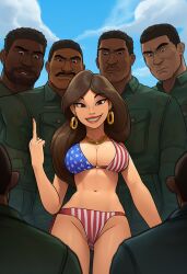 1girls ai_generated american_flag_bikini cartoon gangbang imminent_gangbang imminent_sex implied_sex latina middle_finger multiple_boys surrounded_by_men