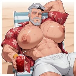 1boy ai_generated bara beach big_nipples big_pecs creature_commandos dc dc_comics dilf gayafgramsci huge_pecs lounge_chair male male_focus male_only older_male pecs pectorals rick_flag_sr solo sunglasses
