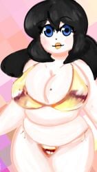 bbw black_hair blue_eyes child_bearing_hips chubby_belly chubby_female fat_woman golden_bikini golden_lipstick large_breasts meme_clothing mole_on_breast oc original_character puddinpuddgi simple_background supersludge