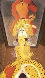 absurd_res anthro anus breasts camera_view cheetah cybernetic_arm cybernetic_limb deer duo felid feline female from_behind_position genitals hair hi_res long_hair magayser male male/female mammal mirror muscular open_mouth open_smile penis pussy sex smile
