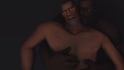 3d bara blush chest_hair dark-skinned_male demoman embrace eyepatch gay hands_on_chest hug_from_behind jokisenpai licking_face lovers male/male male_only nude older_male romantic romantic_couple sfm soldier_(team_fortress_2) source_filmmaker team_fortress_2 tender