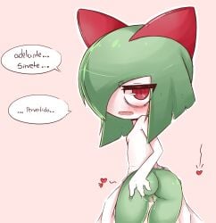 1girls akatosh_el_shota_furro ass bags_under_eyes cub female female_cub female_focus female_only flat_chest green_hair humanoid humanoid_female humanoid_only kirlia looking_at_viewer looking_back nintendo panties petite pokémon_(species) pokemon pokemon_(species) presenting_pussy pussy pussy_juice red_eyes short_hair solo solo_female solo_humanoid spanish_text text topless underwear young young_female young_humanoid
