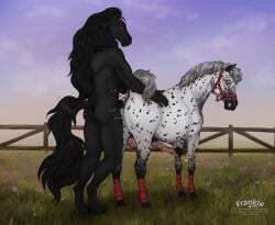anal anal_sex anthro anthro_on_feral anthro_penetrating anthro_penetrating_feral anus balls black_anus black_body black_fur black_mane duo equid equine erection fenn.perrox feral feral_penetrated fur genitals grass grey_body grey_fur grey_mane hi_res hooves larger_penetrated male male/male mammal mane medial_ring penetration pink_anus plant sex size_difference white_body white_fur zoophilia