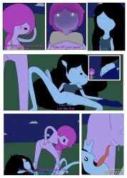 2girls adventure_time ass black_hair blush bottomless bottomless_female bra breasts brewdie cartoon_network comic dialogue female female_only grey_body grey_skin marceline pink_body pink_hair pink_skin princess_bubblegum pussy tagme text tongue undressing vampire vampire_girl yuri