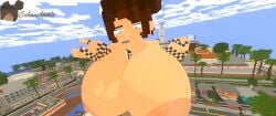 arm_stockings between_breasts big_breasts city cubanapple giantess julia_(cubanapple) minecraft naked nipples stuck_in_breasts