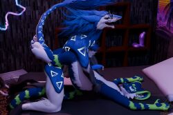 ahe_gao anthro blue_penis bodily_fluids cum cum_drip domestic_cat dripping drwello duo felid feline felis fur genital_fluids genitals hi_res knot looking_pleasured male male/male mammal mayu_(azuki) penis peq42 sergal size_difference tail