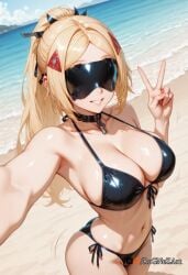 2025 ai_generated bangs bare_shoulders beach bikini black_bikini blindfold blonde_hair blush breasts cleavage collar collarbone day female female female_focus front-tie_top grin hair_ornament hairclip headgear hoyoverse large_breasts long_hair looking_at_viewer mihoyo navel nsfw ocean outdoors parted_bangs ponytail rognezart selfie side-tie_bikini_bottom sky smile solo swimsuit trigger_(zenless_zone_zero) v virtual_youtuber zenless_zone_zero