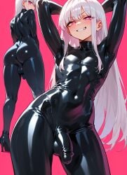 ai_generated black_latex bulge bulge_through_clothing femboy pink_eyes small_penis smug white_hair