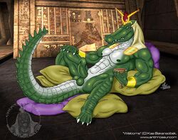 abs balls biceps crocodile crown egyptian goblet kaa_(artist) looking_at_viewer lying male male_only muscles pecs penis pillow reclining reptile scalie solo