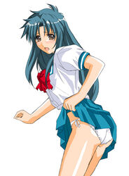 ass blush bow brown_eyes chidori_kaname full_metal_panic green_hair kaname_chidori leaning_forward looking_back panties pleated_skirt school_uniform seifuku serafuku side-tie_panties skirt skirt_lift solo standing underwear white_background white_panties