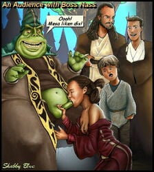 1girls alien alien/human anakin_skywalker artist_name boss_nass english english_text erect_nipples fellatio female gungan human interspecies jedi jedi_master jedi_padawan male male/female multiple_boys naboo nipples obi-wan_kenobi oral otoh_gunga padme_amidala penis qui-gon_jinn shabby_blue speech_bubble star_wars the_phantom_menace voyeur