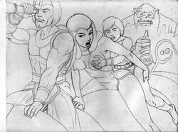 1girls 3boys breast_grab breasts dorno gleep gloop hanna-barbera igoo incest monochrome mother_and_son muscular nipples pandoras_box sitting sketch tara_(herculoids) the_herculoids tundro zandor