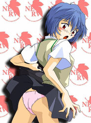 1girls ass blue_hair blush breasts clothing female gainax human neon_genesis_evangelion nerv open_mouth pale-skinned_female pale_skin panties red_eyes rei_ayanami school_uniform short_hair skirt tagme