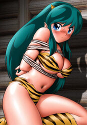 00s 1girls bikini blue_eyes bondage breasts color female green_hair horns humanoid large_breasts light-skinned_female light_skin long_hair looking_at_viewer lum nipples oni princess shingyouji_tatsuya solo swimsuit urusei_yatsura