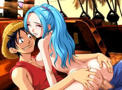 1boy 1girls cowgirl_position female grabbing_ass gravity_work_x male monkey_d_luffy nefertari_vivi one_piece straight_hair tagme vaginal_penetration