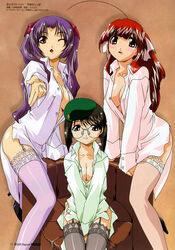 3girls :d ;d ahoge arm_support bangs beret between_legs black_hair blue_eyes blush bob_cut breast_squeeze breasts brown_legwear buttons chair cleavage clothes dress_shirt eyewear female female_only footwear garter_straps glasses grey_legwear hair_ribbon hair_tubes hat high_heels indoors kame_no_ayumi kingyo_no_ran kobayashi_takashi lace lace-trimmed_thighhighs leaning_forward leg_lift lipstick long_hair looking_at_viewer makeup megami_deluxe megami_magazine multiple_girls no_bra no_pants official_art open_clothes open_mouth open_shirt outstretched_arm pointing profile purple_hair purple_legwear red_eyes red_hair ribbon scan shadow shiny shiny_hair shirt shoes short_hair sitting sleeves_past_wrists smile sparkle straddle swept_bangs tenshi_no_shippo thighhighs tied_hair twintails unbuttoned usagi_no_mika v_arms wink