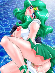 bishoujo_senshi_sailor_moon blue_eyes censored clothing cum female female_only gloves green_hair hair hindenburg medium_breasts michiru_kaiou pubic_hair pussy sailor_neptune school_uniform skirt smooth_skin solo torn_clothes