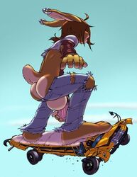 anthro ass balls bus clothing cloud destruction ear_piercing fondling furry gideon huge_balls hyper hyper_penis lagomorph macro male male_only mammal penis piercing pose rabbit simple_background skater sky solo vehicle