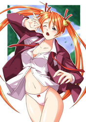 1girls blazer bottomless bow bow_panties breasts clothing dress_shirt female kagurazaka_asuna mahou_sensei_negima mahou_sensei_negima! mikagami_sou no_pants open_clothes open_mouth open_shirt panties shirt small_breasts solo standing tied_hair twintails underwear white_panties