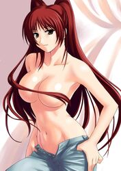 1girls breasts brown_eyes clothing convenient_censoring denim hair_censor hair_over_breasts jeans kousaka_tamaki large_breasts long_hair medium_breasts navel pants red_hair solo tanaka_shoutarou to_heart_(series) to_heart_2 topless twintails undressing upper_body