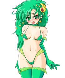 :d areola_slip areolae bangs bare_shoulders bikini blush breasts cameltoe choker detached_sleeves earrings elbow_gloves embarrassed erect_nipples female female_only final_fantasy final_fantasy_iv frilled_bikini frills gem gloves green_eyes green_hair green_legwear head_tilt highleg highleg_bikini highleg_swimsuit hips human jewelry konpeto long_hair looking_at_viewer micro_bikini naughty_face navel nipple_slip nipples open_mouth parted_bangs pointing rydia see-through sideboob simple_background smile solo standing star sweat swimsuit thigh_gap thighhighs thighs underboob wavy_hair wide_hips