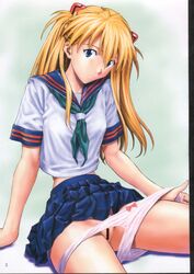 asuka_langley_sohryu blonde_hair blue_eyes bow bow_panties censored clothes clothing female female_only human izurumi miniskirt neckerchief neon_genesis_evangelion page_3 panties panty_pull pleated_skirt pussy school_uniform seifuku serafuku sitting skirt skirt_lift solo underwear white_panties