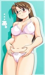 1girls azumanga_daiou belly blush bow_bra bra breasts brown_eyes brown_hair cameltoe cleavage embarrassed erect_nipples female female_only frilled_panties frills glasses green_background human jpeg_artifacts koyomi_mizuhara large_breasts lingerie midriff navel panties pinch pinching pink_bra pink_panties plump purple_bra purple_panties shadow solo standing sweatdrop translation_request tummy_grab underwear underwear_only weight_conscious yaoena