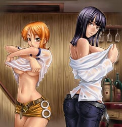 2girls ass big_ass black_hair blush breasts brown_eyes clothes color female female_only hair human indoors kagami multiple_girls nami nami_(one_piece) navel nico_robin one_piece orange_hair pre-timeskip see-through short_hair skirt standing straight_hair underboob undressing utility_pole_spirit wet wet_clothes wide_hips