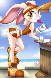 1girls anthro ass beach bent_over booty_shorts cream_the_rabbit exposed female greenhand lagomorph looking_at_viewer sexually_suggestive shorts skimpy solo sonic_(series) sonic_riders text tight_clothes