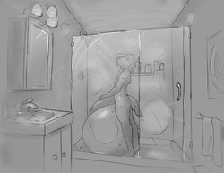 anthro balls bathroom big_balls big_penis closed_eyes genitals huge_balls huge_cock hyaenid hyper hyper_balls hyper_genitalia hyper_penis male male_only mammal max_(starrfluff) monochrome nude penis shower_cabin showering sink smile solo starrfluff towel wet