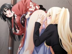 2girls ass black_hair blonde_hair blue_eyes blush brown_eyes censored clothed_female_nude_female cunnilingus feet female female_ejaculation game_cg japanese_clothes kirishima_shizuku kneeling legs licking long_hair multiple_girls nude open_mouth oral panties peko pussy pussy_juice shaved_pussy shitogi_elis shitogi_eris soles sono_hanabira_ni_kuchizuke_wo yuri