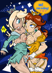 2girls blue_eyes breast_press breasts brooch brown_hair catchphrase crown dress earrings eyeshadow female female_only flower_earrings gloves hair_over_one_eye half-closed_eyes human lingerie lips lipstick long_hair long_sleeves looking_at_each_other luma mario_(series) mostly_nude multiple_females multiple_girls nintendo nipples omgnitro panties platinum_blonde_hair princess_daisy princess_rosalina pubic_hair pussy shoulder_length_hair space_background speech_bubble spoken_heart star_earrings stockings straight_hair super_mario_bros. super_mario_galaxy teeth text thick thick_thighs thighhighs thighs torn_dress wide_hips yuri