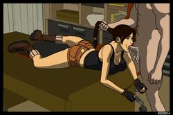 ankle_cuffs big_breasts boots braid braided_hair breasts brown_hair busty cleavage clothed_female_nude_male evanime faceless_male fellatio forced_oral g-string hair_grab hair_pull lara_croft lara_croft_(classic) short_shorts tagme tank_top tears thick_thighs thong tomb_raider wrist_cuffs