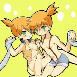 2girls bare_shoulders breasts cleavage clone denim denim_shorts dual_persona female green_eyes human human_only kasumi_(pokemon) lowres multiple_girls naked_suspenders orange_hair pokemon pokemon_(anime) short_hair shorts side_ponytail sitting suspenders tentacle time_paradox topless vest