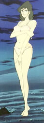 1girls 70s barefoot belly black_eyes bra breasts brown_eyes brown_hair clothes feet female female_only human large_breasts light-skinned_female light_skin long_hair lupin_iii mine_fujiko navel panties screencap solo stitched tagme underwear